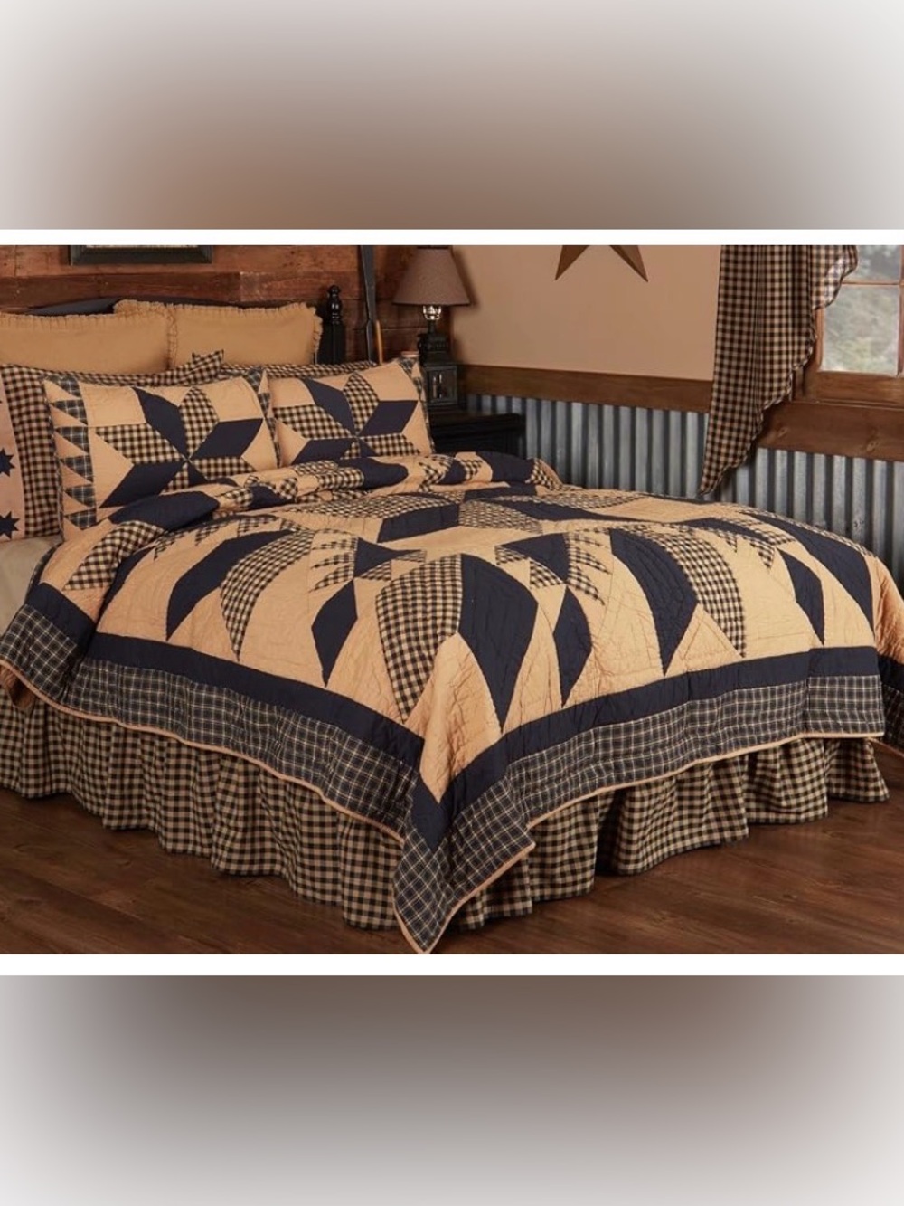 Primitive Black Tan Check Star KING Quilt & Standard Shams Set Dakota Star VHC